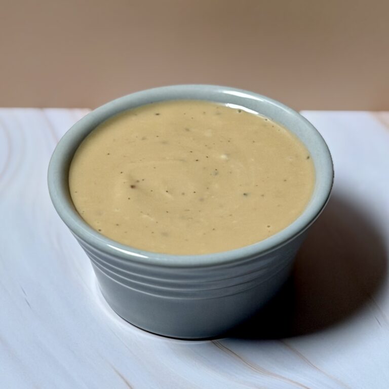 Creamy balsamic dressing in a small bowl, smooth and glossy