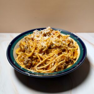 Instant Pot spaghetti with ground beef and marinara sauce in a bowl